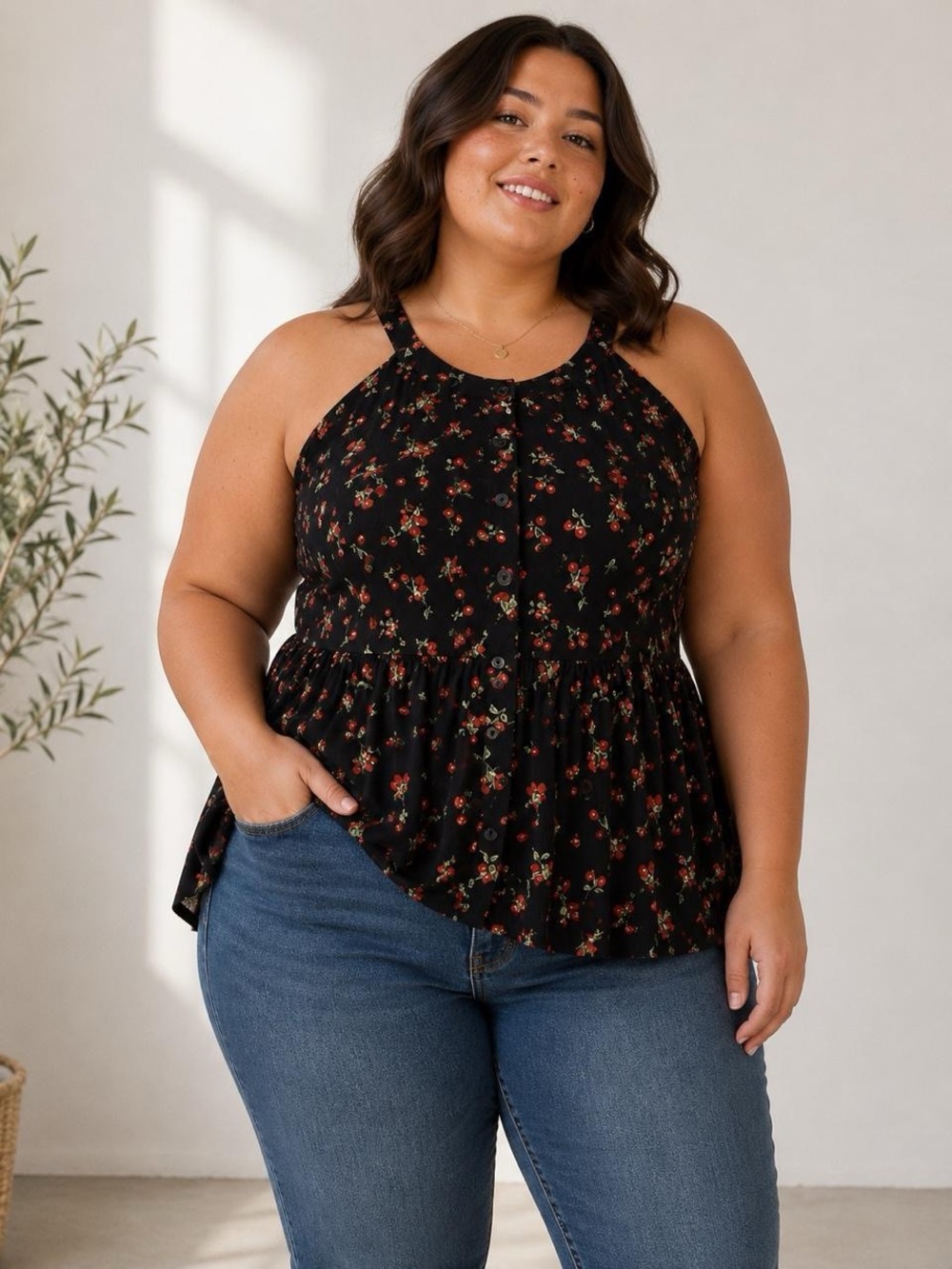 Torrid Black Cherry Print Babydoll Tank Top Plus Size 2 Sleeveless